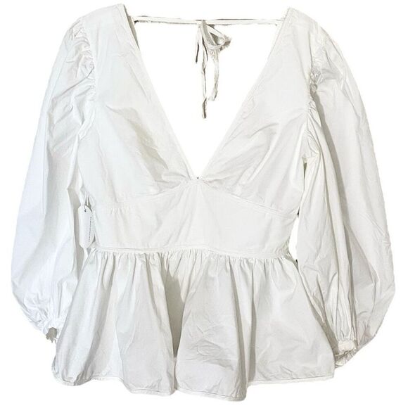 Staud White Poplin Balloon Sleeve Peplum Waist V-Neck Blouse NWT Size 8/Medium - Picture 3 of 8